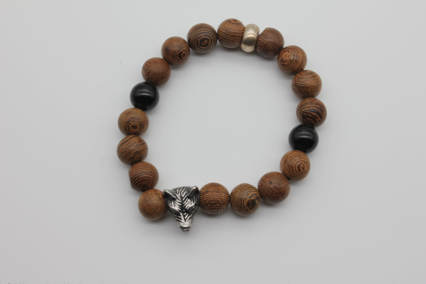 Wolfskrieger – Armband mit Obsidian & silbernem Wolfskopf