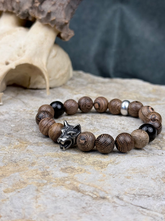 Wolfskrieger – Armband mit Obsidian & silbernem Wolfskopf