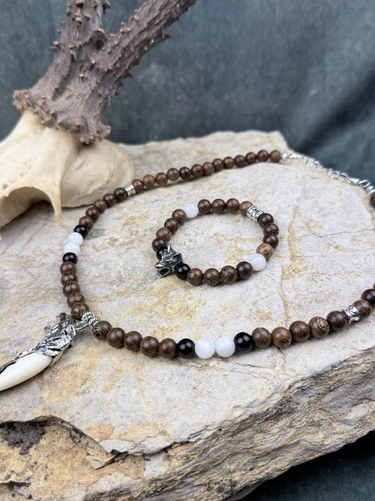 Pfad des Mondwolfs – Mystisches Schmuckset aus Obsidian, Mondstein & Wolfszahn
