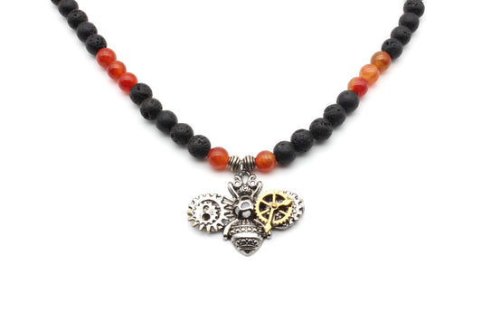 Die Mechanische Biene – Mystische Steampunk Halskette aus Lavastein & orangem Drachenstein