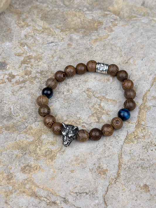 Wolfskrieger – Armband mit blauem Tigerauge & silbernem Wolfskopf