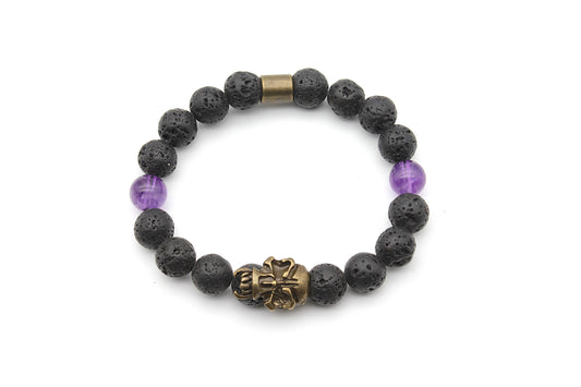 Amethyst des Schwarzen Freibeuters – Lavasteinarmband mit Piratenkopf & Amethyst