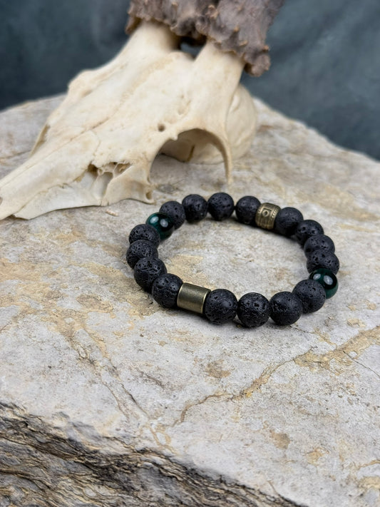 Schwarzfels & Waldauge – Armband aus Lavastein & grünem Tigerauge