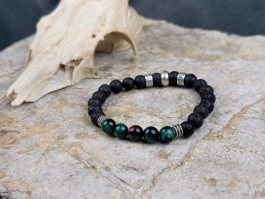 Schwarzgrund & Waldglanz – Armband aus Lavastein & grünem Tigerauge
