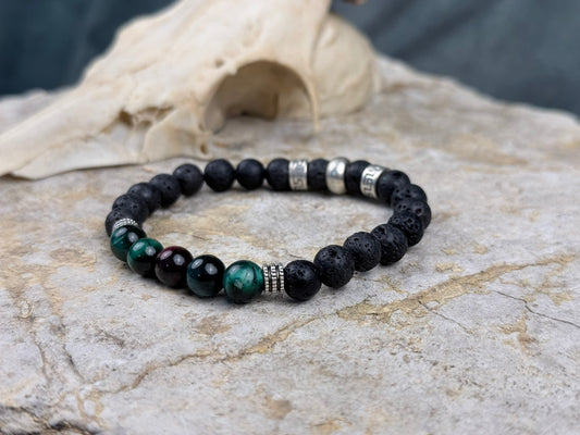Schwarzgrund & Waldglanz – Armband aus Lavastein & grünem Tigerauge