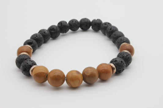Wächter der Aschenpfade– Lavastein-Armband mit Holzperlen