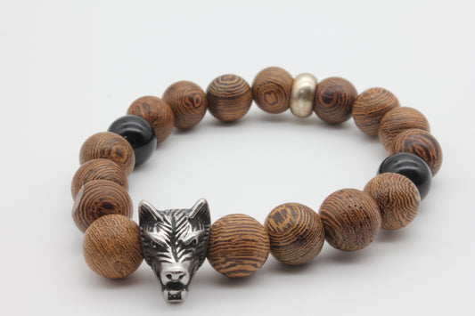 Wolfskrieger – Armband mit Obsidian & silbernem Wolfskopf